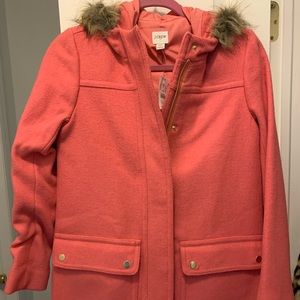 J Crew City Coat with hood, fur lining.